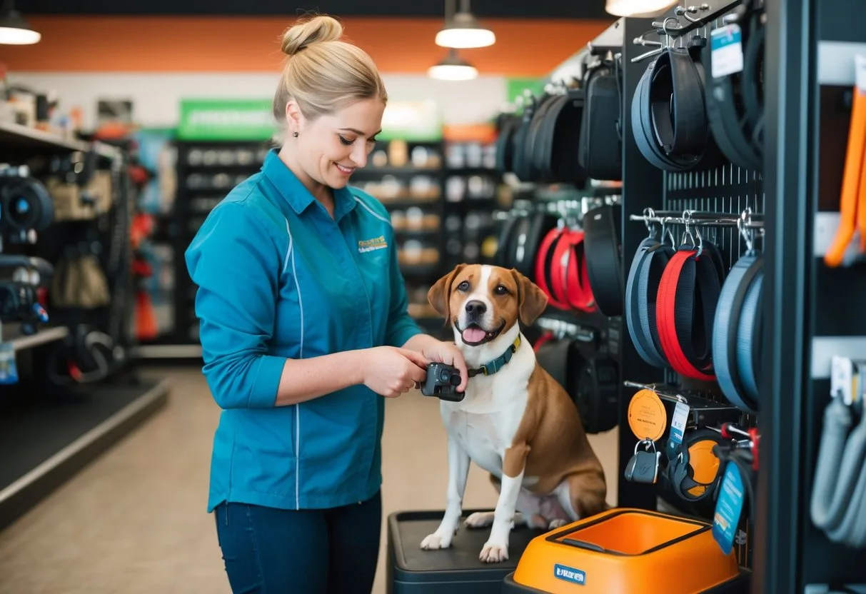 En person vælger nøje det rigtige udstyr til deres hund i en dyrehandel